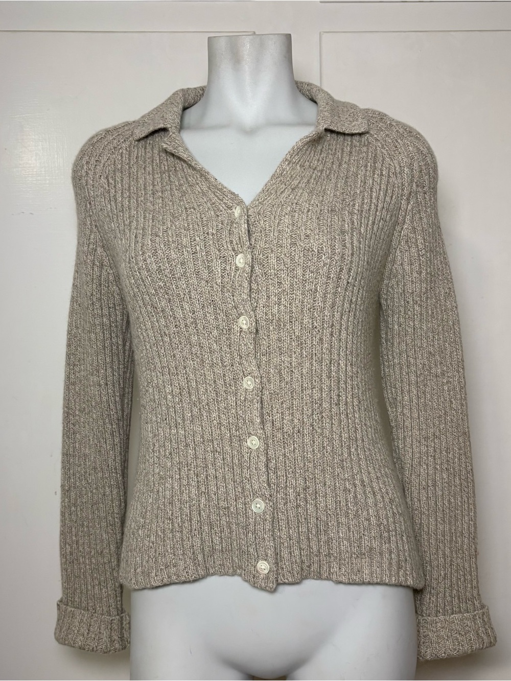Vintage 90s Wool Blend Ribbed Knit Collared Button Up Cardigan Sweater